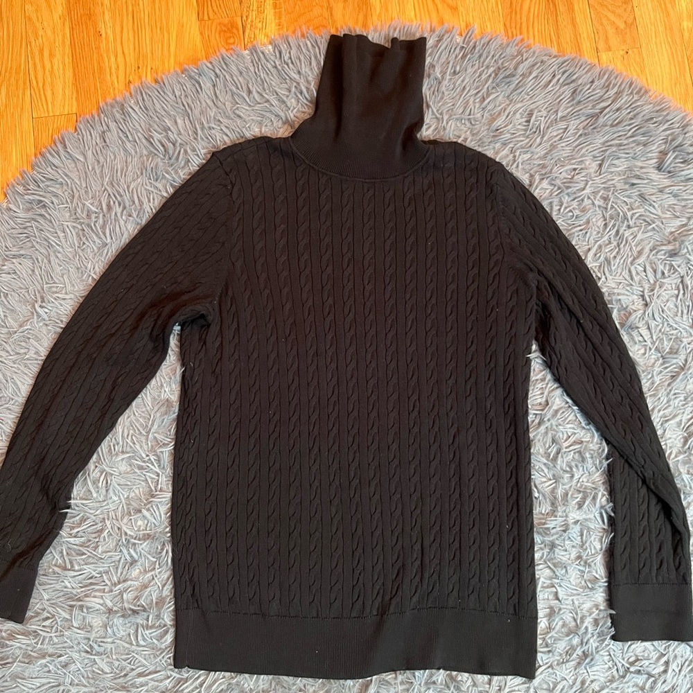 Talbots Black Cable Knit Cotton Preppy Academia Turtleneck Sweater Size L